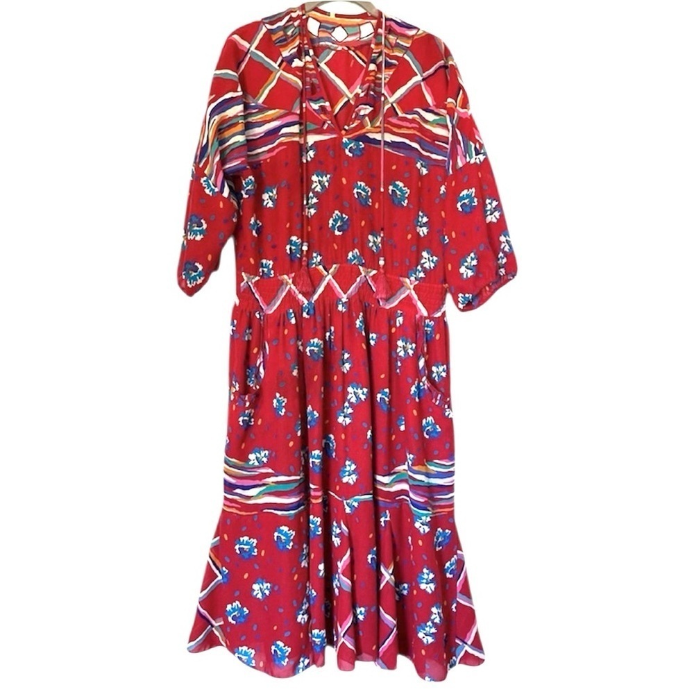 Floral Mixed Print Flounce Hem Tassel Detail Dress Womens